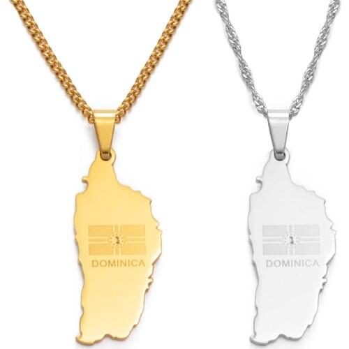 Anniyo The Commonwealth of Dominica Map & Flag Pendant Chain Necklaces Dominica Maps Stainless Steel Jewelry Gifts #054521