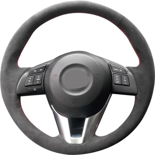 All Black Suede Leather Steering Wheel Red Stitch on Wrap Cover Fit For Mazda 3 2014-2016 / Mazda 6 2014-2016 / Mazda 2 15-17