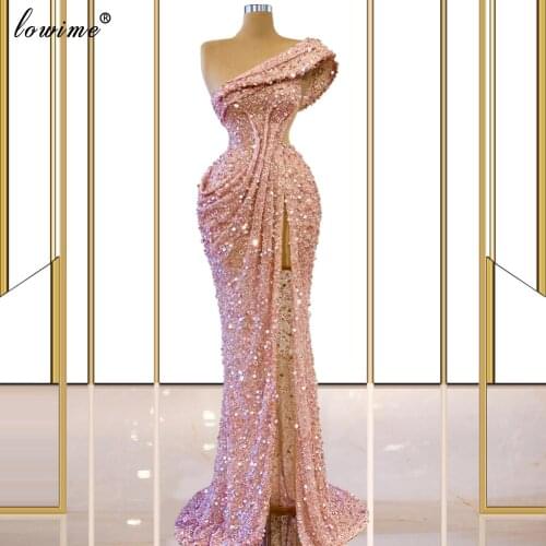 Plus Size Pink Sequins Prom Dresses Long One Shoulder Wedding Party Dresses Evening Wear Sparkly Evening Gowns вечернее платье