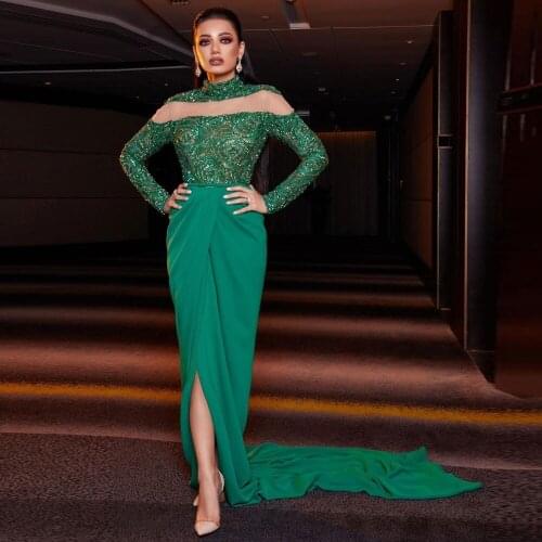 Luxury Green Long Sleeves Sheath Prom Dress 2022 Beading Crystal Elegant Evening Party Gown Saudi Arabia Woman Fashion Plus Size