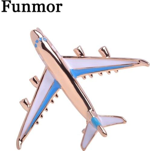Cute Blue Enamel Airplane Brooch Pins Gold-color Jewelry Girls Dress Scarf Suit Collar Clips Aircraft Corsages Kids Broches