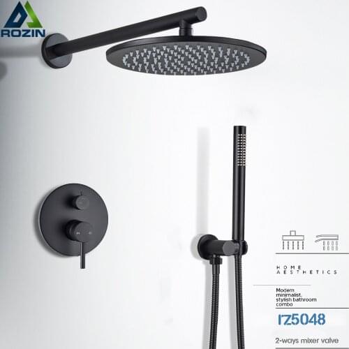 Matte Black Shower Faucet Brass Rainfall Concealed Shower Mixer Tap In-wall 8/10/12/16" Rain Shower Head Diverter Mixer Valve