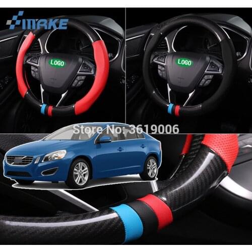 SmRKE For Volvo S60 Steering Wheel Cover Anti-Slip Carbon Fiber Top PVC Leather Sport Style