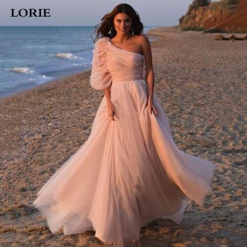 LORIE Modest Dirty Pink Beach Wedding Dresses A Line One Shoulder Bride Dresses Boho Tulle Bridal Gowns