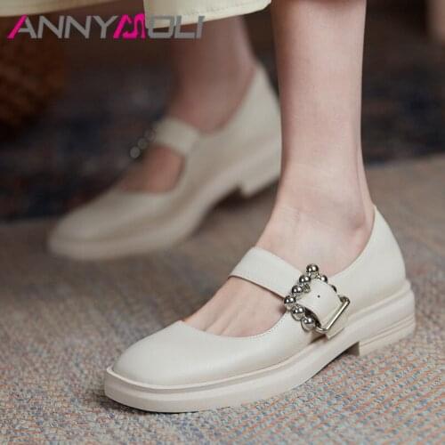 ANNYMOLI Mary Janes Shoes Women Genuine Leather Flats Bucke Strap Round Toe Dress Flat Shoes Female Footwear 2021 Spring Black