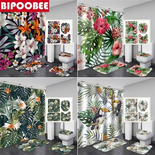 Elegant Leaves Big Flowers Print Shower Curtain with Hooks High Quality Waterproof Bathroom Curtains Bath Mat Set Home Decor