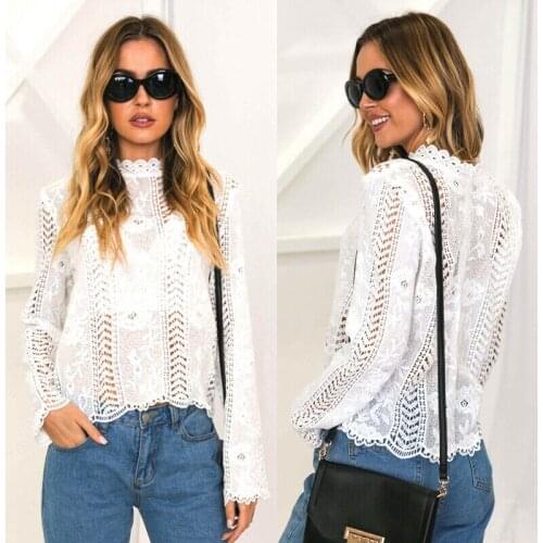 Womens O Neck Long Sleeve Lace Loose Tops Casual Plain Tee Shirt Blouse