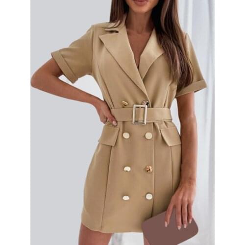 Lapel Slim Belt Short Sleeve Dress Sexy Summer Office Lady Solid A-Line Party Dresses Women Elegant Double-Breasted Suits Dress
