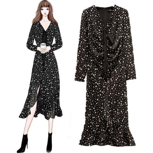Women Black Star Print Polk Ribbons Dresses 2020 Fall V-neck Chiffion Long Sleeve Bottom Split Sexy Dress 4Xl Plus Size Clothes