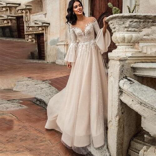 Boho Sexy Wedding Dress Scoop Flare Long Sleeve A Line Lace Appliques Tulle Beach Bridal Gown Sweep Train кольцо женское