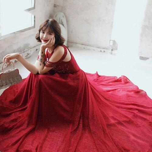 Women Burgundy Tulle Evening Dresses A-Line Beaded Sleeveless Elegant Bling Toast Gowns Robe De Soiree