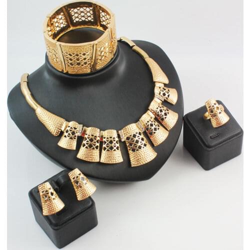 African Costume Jewelry Set Gold Color Crystal Women Fashion Wedding Bridal Accessories Necklace Bangle Earring Ring Set