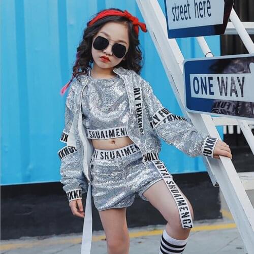 Kids sequined ballroom modern jazz dancewesr baby girl Hip-hop long sleeve jackets 3pcs sets children party clothes ws225