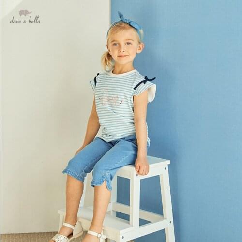 DKY17742-1 dave bella summer 5Y-13Y kids girls clothes children bow striped letter T-shirt girls high quality fashion tees