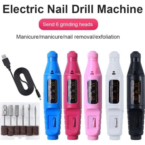 Electric Nail Drill Machine with 6 Drill Bits USB Rechargeable Nail File Polishing Tool Manicure Drill for Home Salon Manicure