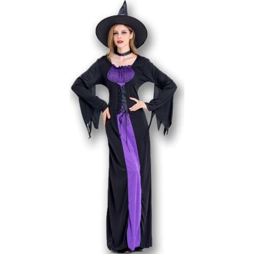 Halloween Witch Vampire Costumes for Women Adult Scary Purple Carnival Party Performance Drama Masquerade Clothing with Hat
