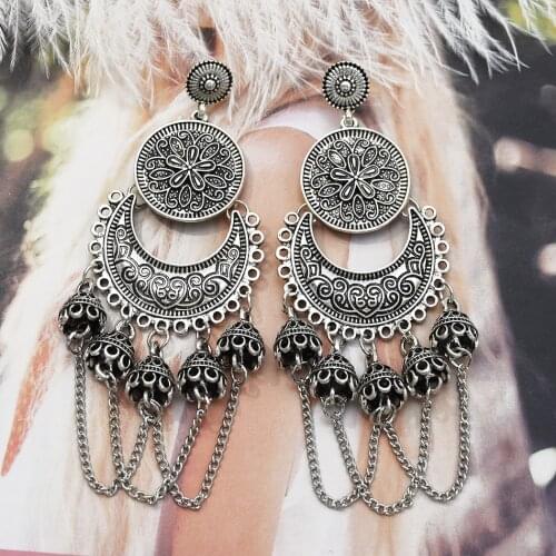 Indian Jhumka Gypsy Jewelry Sliver Boho Vintage Ethnic Oxidized Earrings Big Hollow Dangle Hanging Earrings For Women Afghan