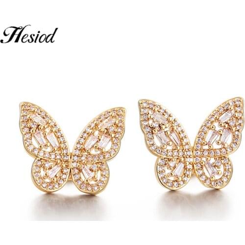 Exquisite Cubic Zirconia Butterfly Stud Earrings For Women Gold Color Copper Small Butterfly Earring Female Wedding Jewelry Gift