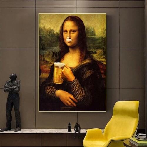 Famous Painting Spoof Mona Lisa Drinking Beer Canvas Painting Poster and Print Quadro Wall Art Picture Living Room Cuadros