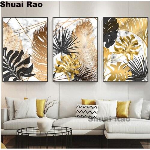 Nordic Style Plant Golden Leaves diamond painting full square Triptych Painting Art Aisle Living Room Unique Modern home Decor