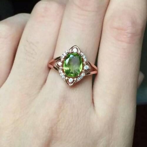 Natural green peridot gem ring Natural olivine ring S925 sterling silver ring Delicate trendy Hollow women girl gift Jewelry