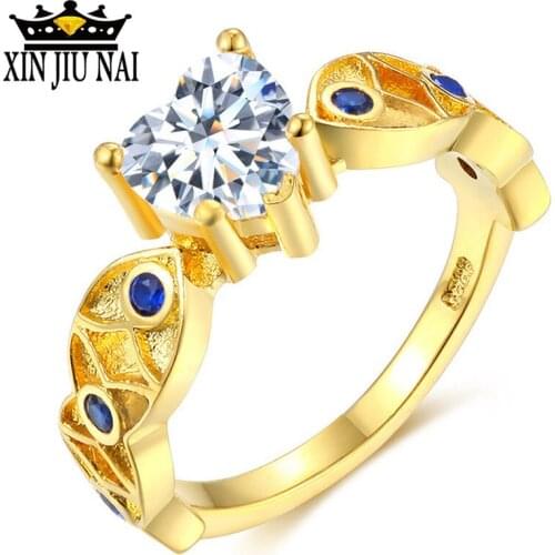 Elegant 14 K Ring For Women Engagement Wedding Female Crystal Waterdrop Shaped Love Heart Gold Color Rings Jewelry Luxury Design