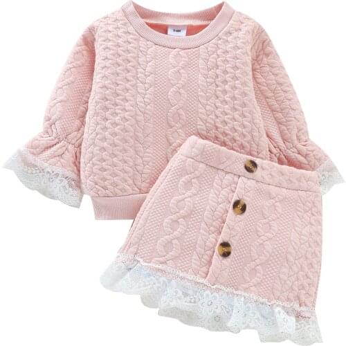 2 Pieces Kids Suit Set, Lace Trim Round Neck Long Sleeve Sweater+ High Waist Skirt for Toddler Girls, 3 Months-3 Years