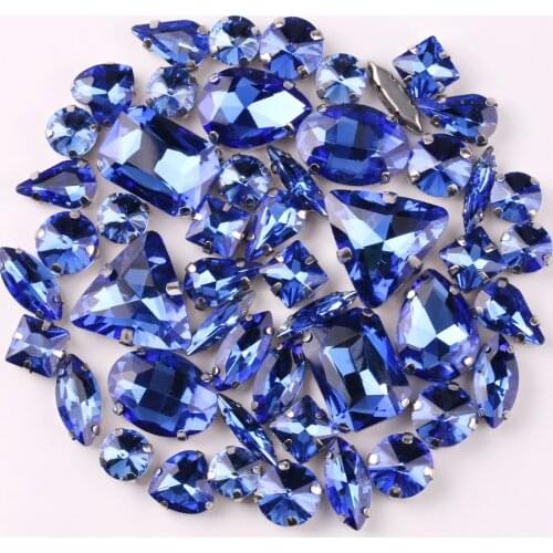 Silver claw setting 50pcs/bag shapes mix Lt sapphire glass crystal sew on rhinestone wedding dress shoes bag diy trim