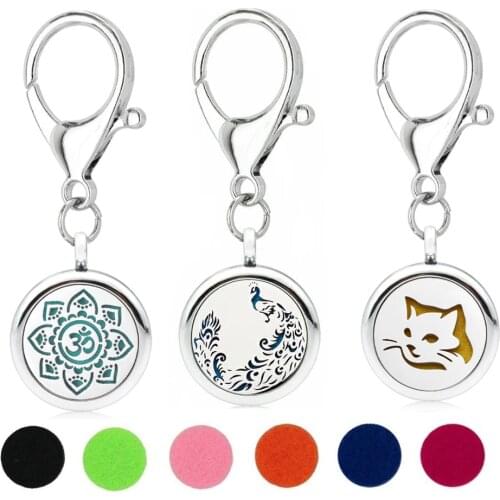 Peacock Wolf Zen Key Chain Essential Oil Perfume Diffuser 25mm Magnetic Locket with Lobster Clasp Key Ring 5pcs Pads Free