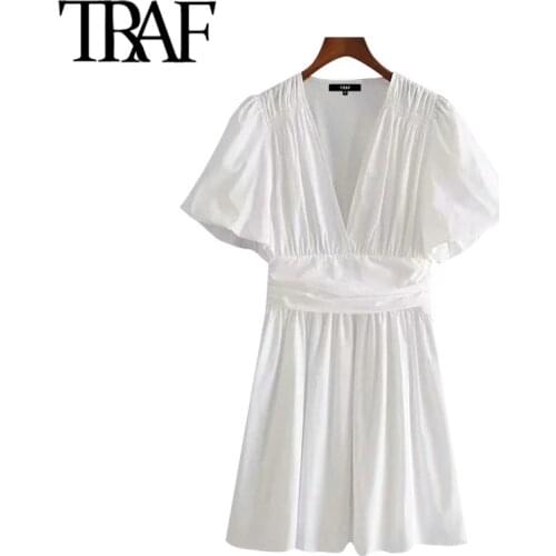 TRAF Women Fashion With Lining Pleated White Mini Dress Vintage Lantern Sleeve Elastic Waist Female Dresses Vestidos