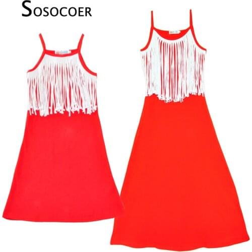 SOSOCOER Mother Daughter Dresses 2018 Summer Fashion Tassel Mummy And Daughter Dress Clothes Red Suspender Matching Family Look