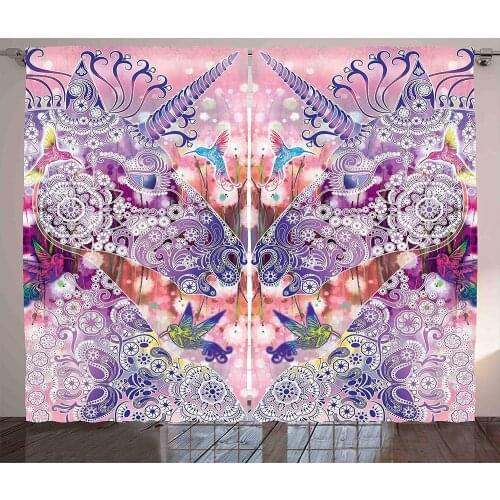 Trippy Pink Unicorn Curtains Mandala Psychedelic Art Satin Fabric Drapes for Living Room Bedroom 2 Panel Window Set