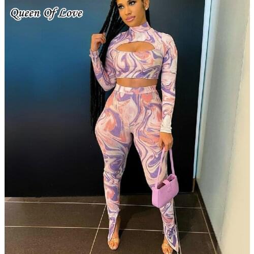 Tie Dyed Ribbed 2 Pieces Long Sleeve Crop Top Leggings Matching Set Sporty Tracksuit 2021 Autumn Winter Women Flare Pant Outfit