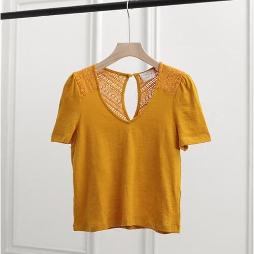 Hollow Out T shirt Femme Short Sleeve V Neck Lace Patchwork Tops 2021 Backless Vintage Tees Chic Elegant Women Tee Shirt