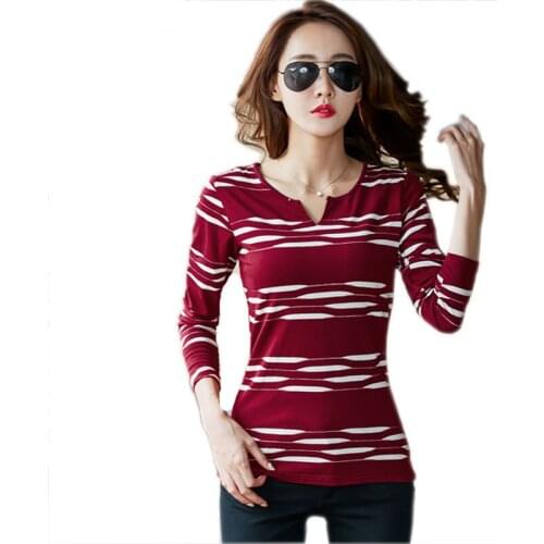 Long Sleeve T Shirt Women Slim Striped T-Shirt V-Neck Tshirts Women Cotton Poleras De Mujer Moda 2019 Plus Size Korean Clothing