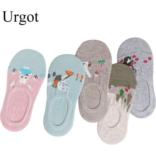 Urgot 5 Pairs Womens Socks Funny Cute Rabbit Boat Socks Breathable Summer Invisible Silicone Slip-proof Cotton Ankle Socks Meias