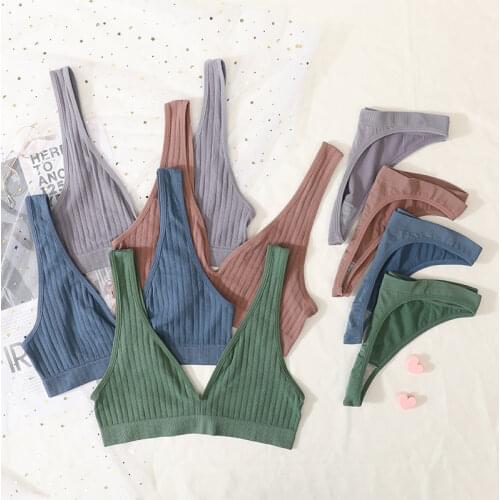 2PCS Bra Set Women Underwear Set Seamless Deep V Bra Ribbed Tops Sexy Lingerie Female Low Back Bralette Fashion Brassiere