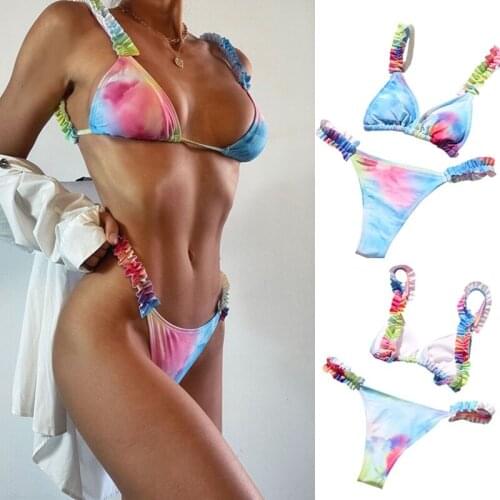 Womens Tie Dye/Solid Color Bikini Set Swimwear Sexy Ruffle Trim Push Up Bathing Suit Swimsuit Biquini Brazilian Beachwear
