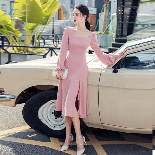 Spring Summer Women Lantern sleeve Long sleeve Dress Temperament High waist EMid-length vening Dresses Vestidos pink dress