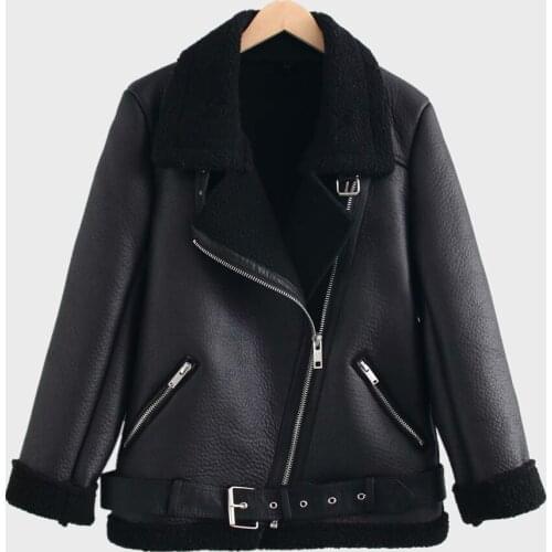 Women Winter Lamb Wool Coats Overcoat Thicken Faux Leather Fur Coat Black Brown PU Leather Jacket With Belt
