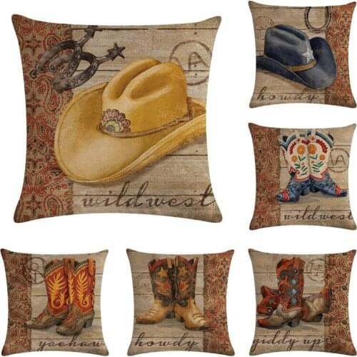 45*45cm Cowboy Shoes Hat Pattern Cotton Linen Throw Pillow Cushion Cover Home Decoration Sofa Bed Decor Decorative Pillowcase