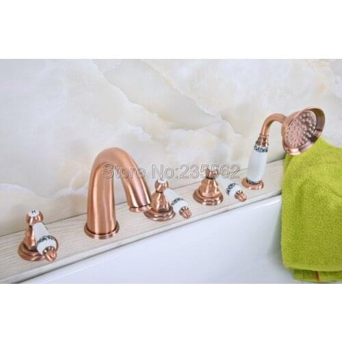 Antique Red Copper 5 Hole Roman Bathtub Faucet Tap &Handheld Shower Deck Mounted lna233
