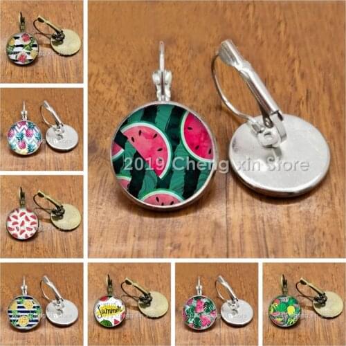 Watermelon fruit pineapple pattern round glass convex round earrings DIY jewelry making