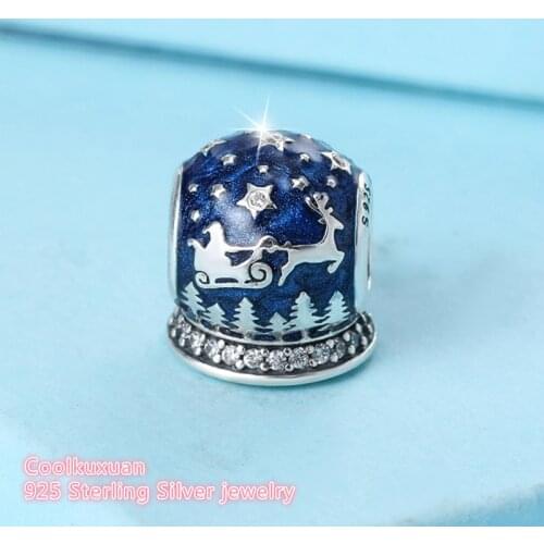 Winter 925 Sterling Silver Christmas Night Charm, Midnight Blue Enamel & Clear CZ Beads Fit Pandora Charms Bracelet Diy