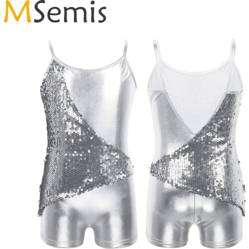 MSemis kids Party Hip Hop Jazz Dance Costumes Girls Spaghetti Shoulder Straps Sequins V Back Metallic Ballet Gymnastic Leotard