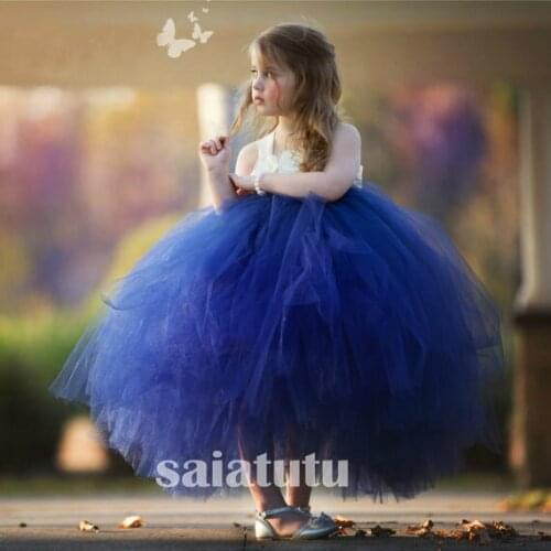 Flower fairy royal blue Girls New Year Princess Wedding Gown Kids Dresses Tutu Party Birthday Children Dress Christmas Vestido