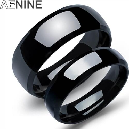 AENINE Trendy 6/8mm Stainless Steel Couple Ring Classical Black Gun Plated Men Women Jewelry Minimalist Finger Rings OGJ479H