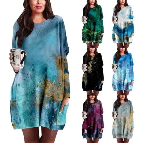 Tie-Dye Pattern mini loose dress women floral print vintage Large Size O Neck Casual Shirt Dresses sweatshirt dress women 2021