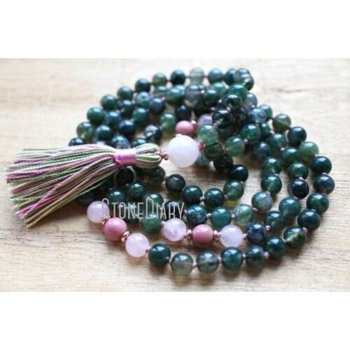 MN36755 Moss Agate Mala Beads 108 Knotted Mala Necklace Rose Quartz Rhodonite Tassel Necklace Yoga Bracelet Boho Jewelry