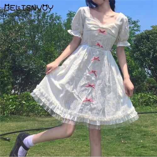 Japanese Soft Girl Sweet Dress Square Collar Bow Daisy Floral Lolita Dress Summer White Puff Sleeve Lace Ruffles Fairy Vestidos